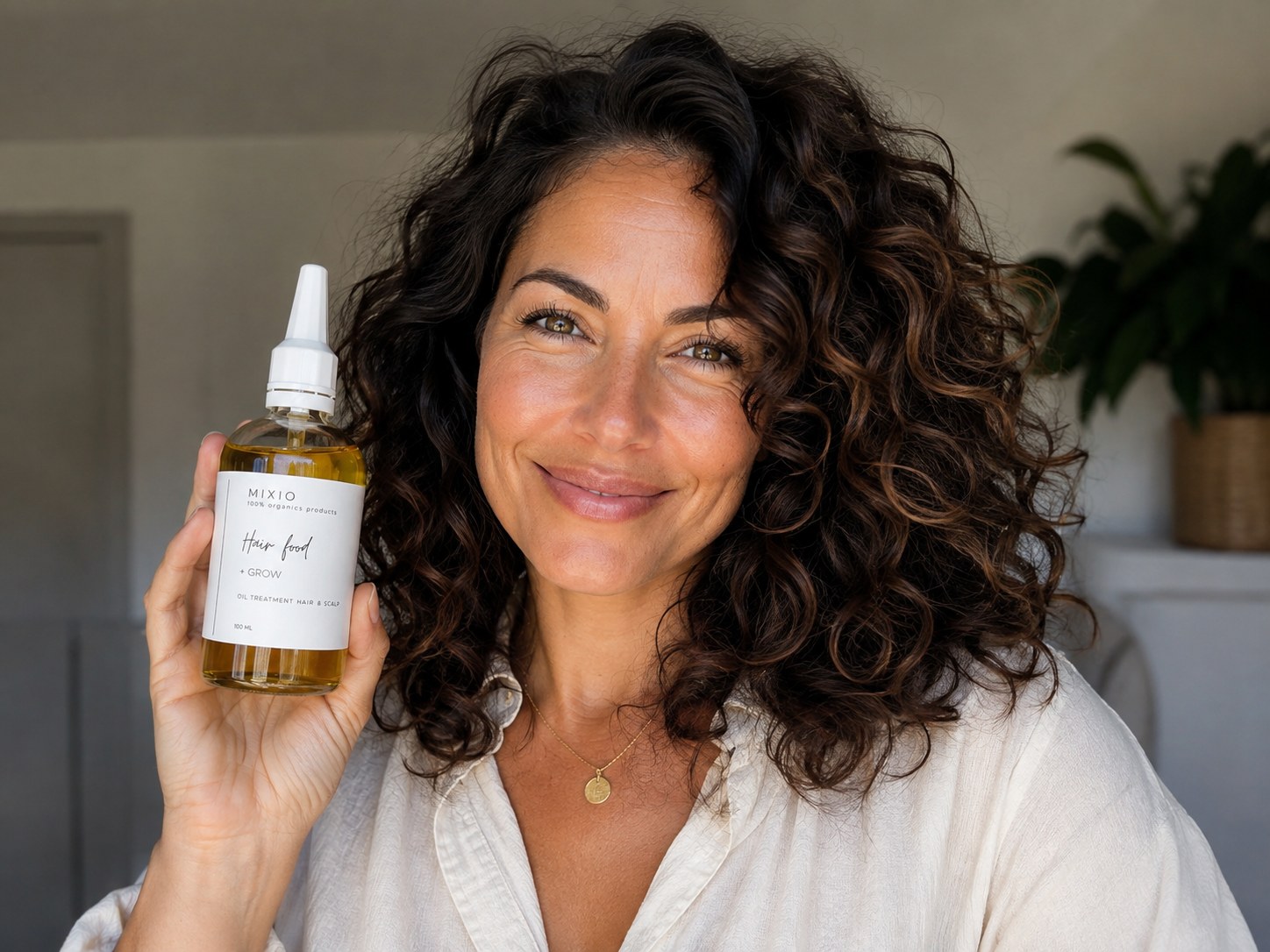 Vrouw met gezond, glanzend krullend haar houdt de Mixio Organic Hair Food + Grow vast